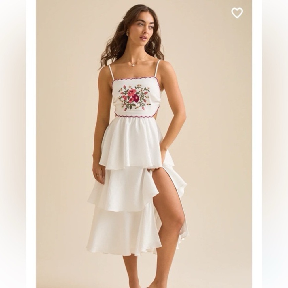 Altar'd State White Floral Tiered Ruffle Smocked Tie-Back Midi Dress with Slit